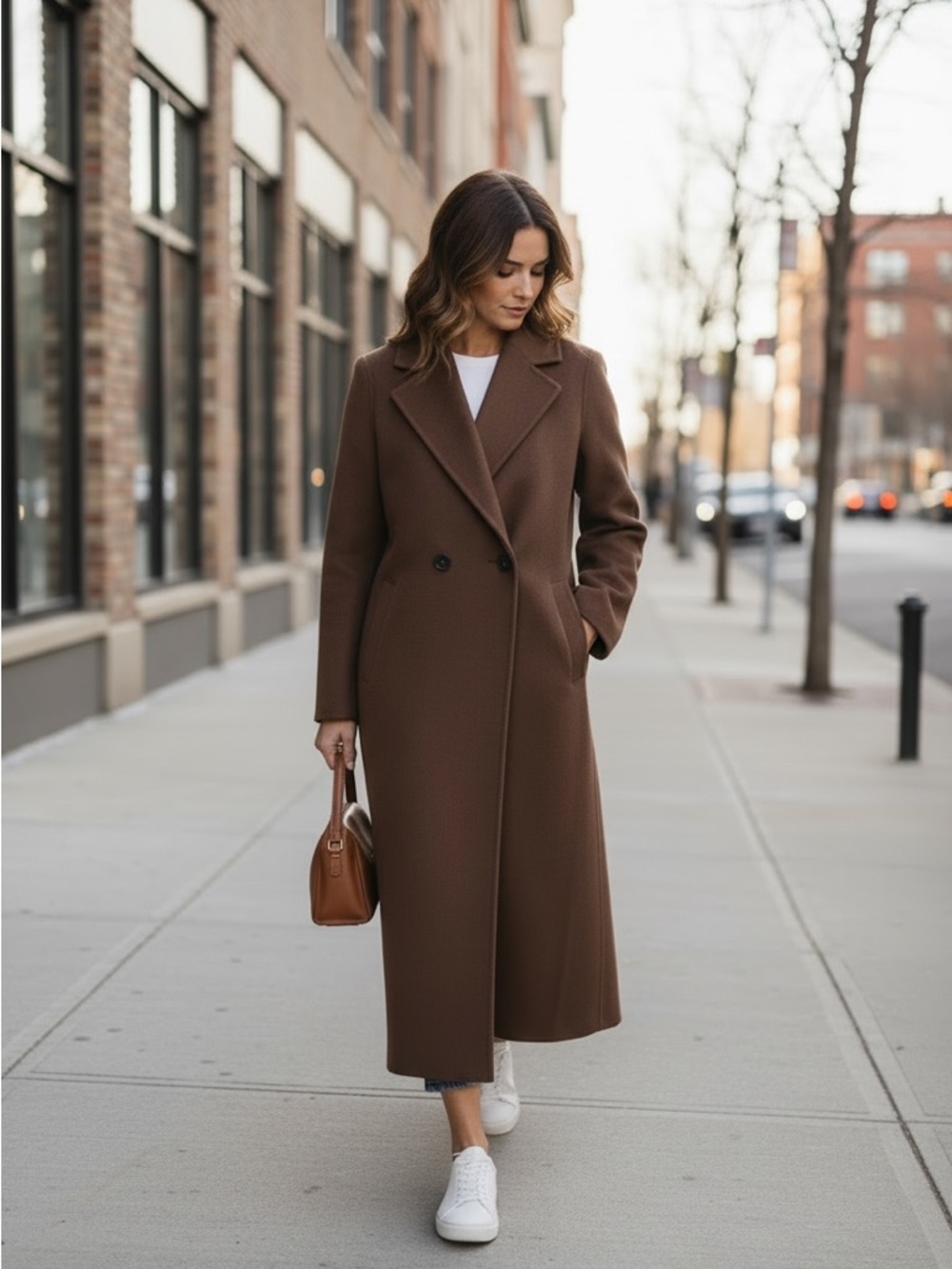 Long Brown Double-Breasted Wool Coat